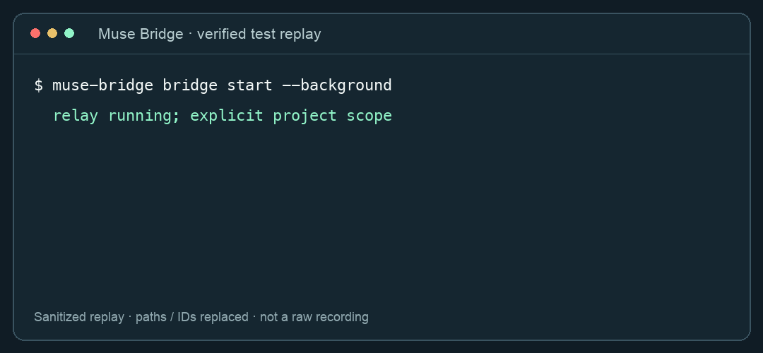 Sanitized replay of verified Muse Bridge test events: a local agent task completes and its structured result appears in Muse history